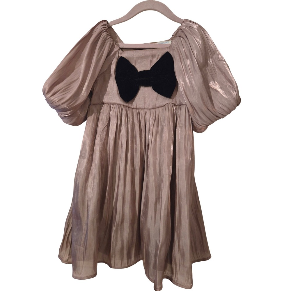 Primark Cares Girls Rose Gold‎ Metallic Puff Sleeve Dress Black Velvet Bow 6-7Y